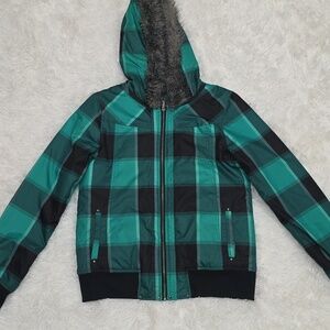 O'NEILL Green Plaid Bomber Coat With Faux Fur Hood. Size L